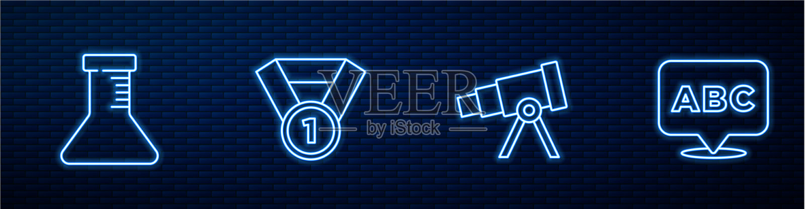 设线望远镜、试管、烧瓶、奖章插画图片素材