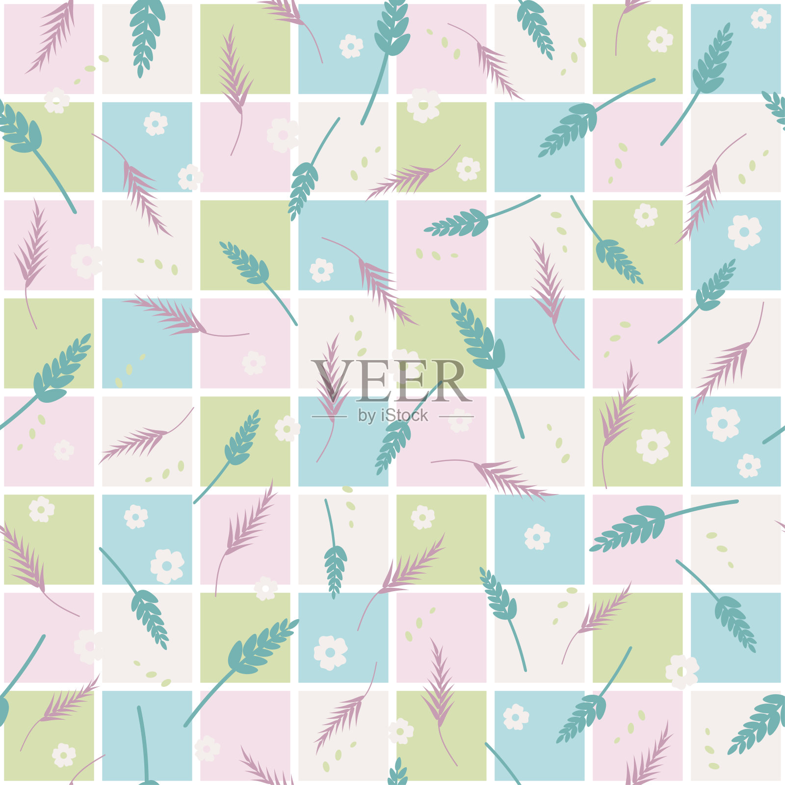 几何图案的彩色正方形与耳朵，花和植物在一个白色的背景。插画图片素材