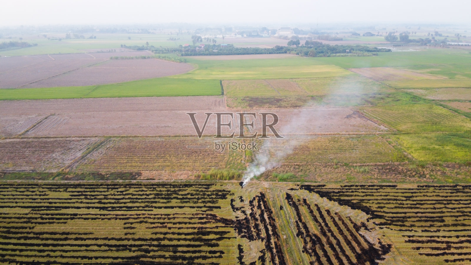 鸟瞰图从燃烧的稻田，空气污染，灰尘问题。照片摄影图片