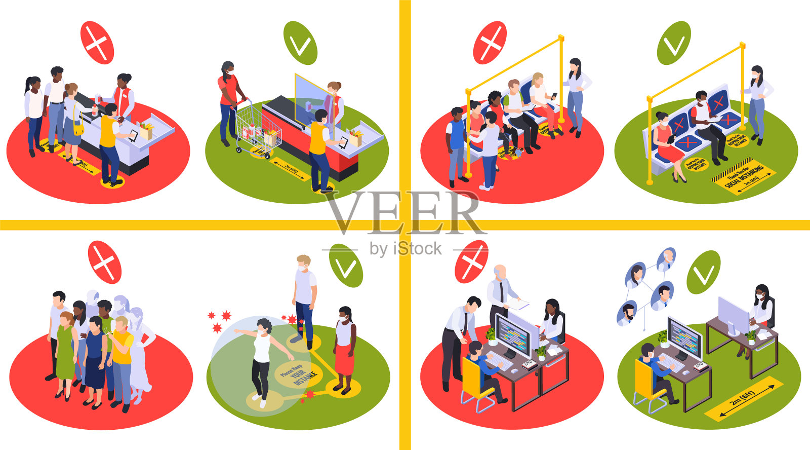 社交距离2x2等距设计概念插画图片素材