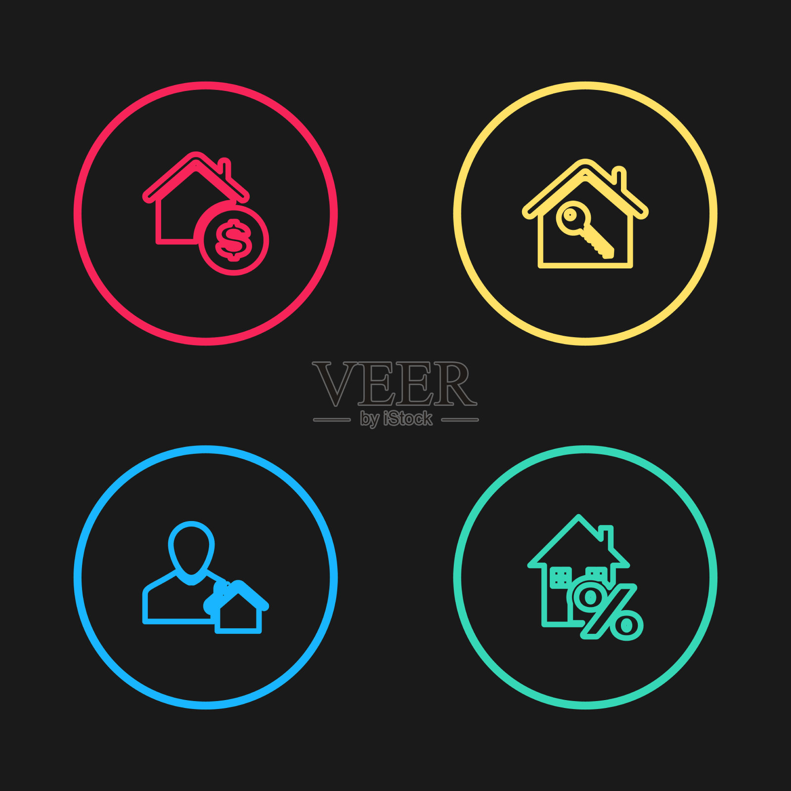 设置线经纪人的房子与percant关键和图标素材