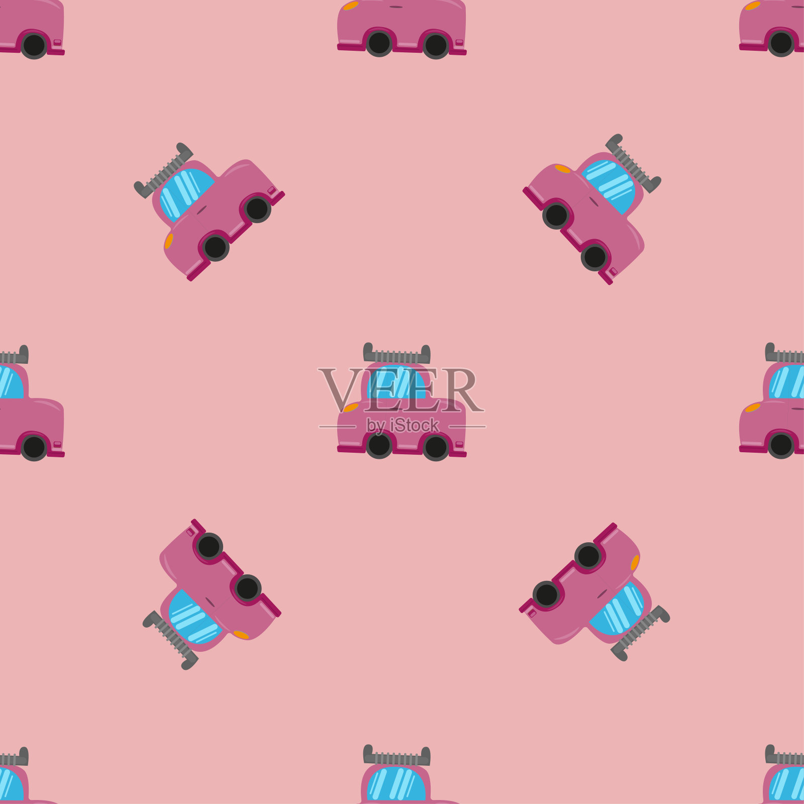 无缝模式与红色汽车在粉红色的背景。矢量图插画图片素材
