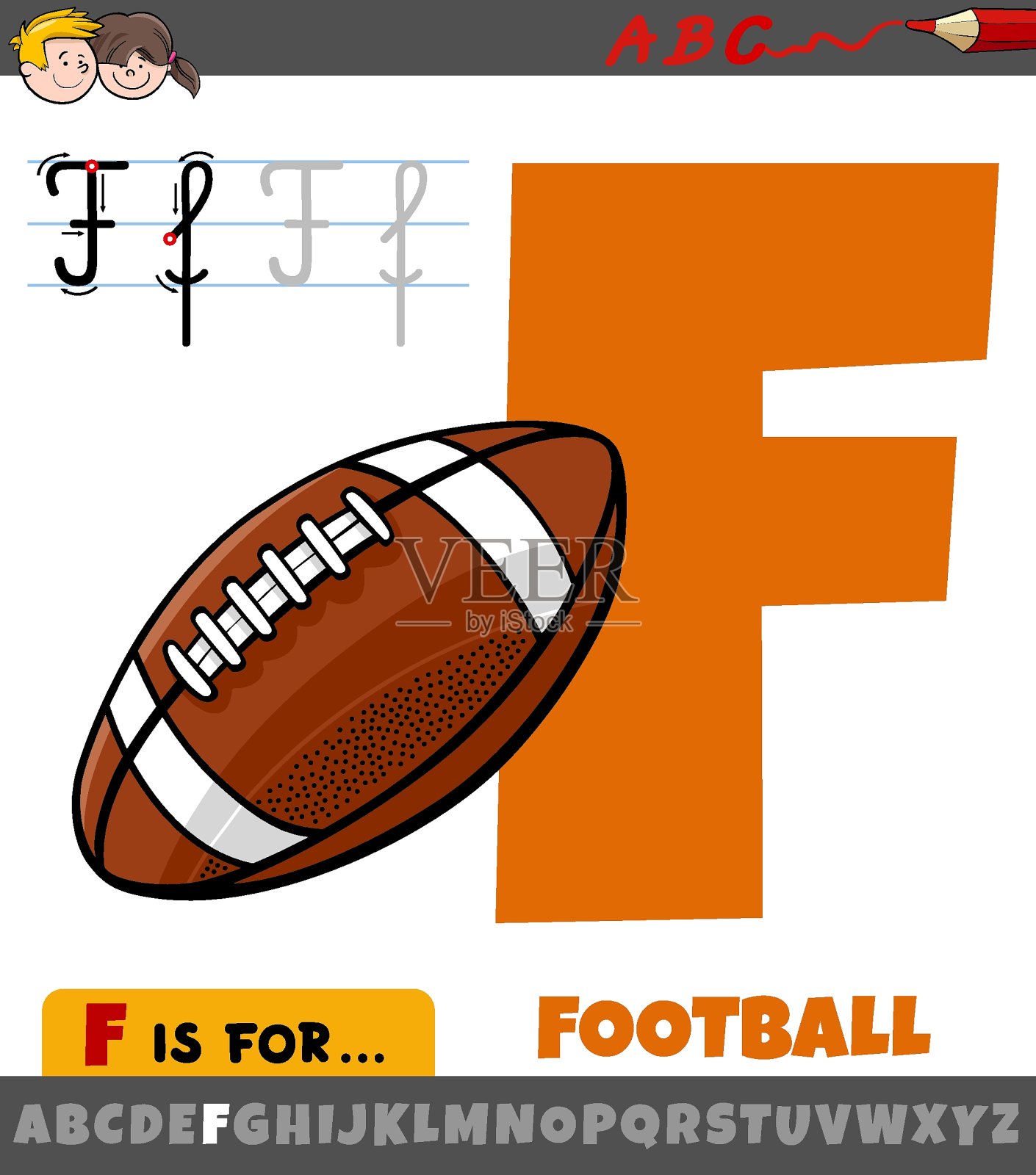 字母F从字母表与卡通足球设计元素图片