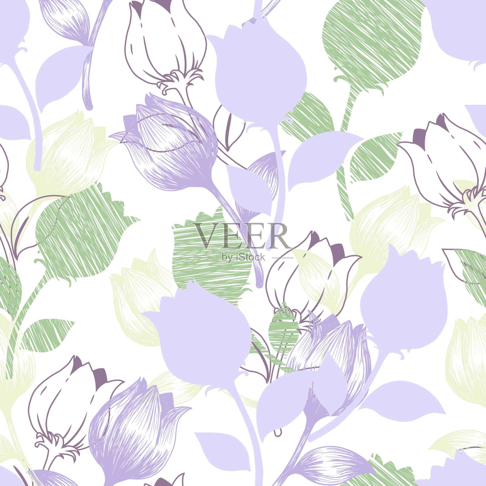 甜紫色粉彩郁金香花矢量图形艺术无缝模式插画图片素材