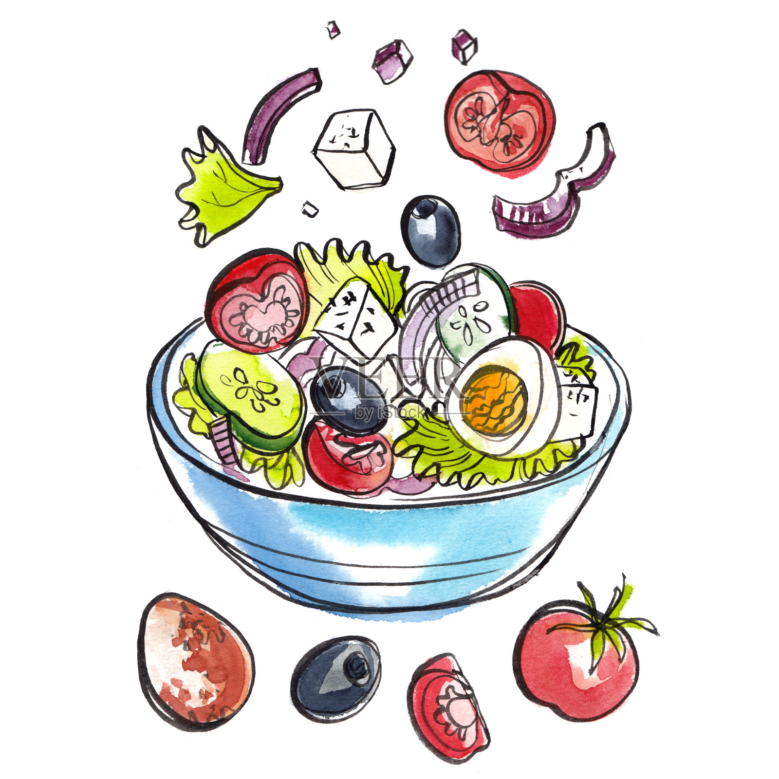 一盘用墨水和水彩画在白色背景上的蔬菜沙拉。色彩斑斓的食物素描。西红柿，鸡蛋，青菜，橄榄。插画图片素材