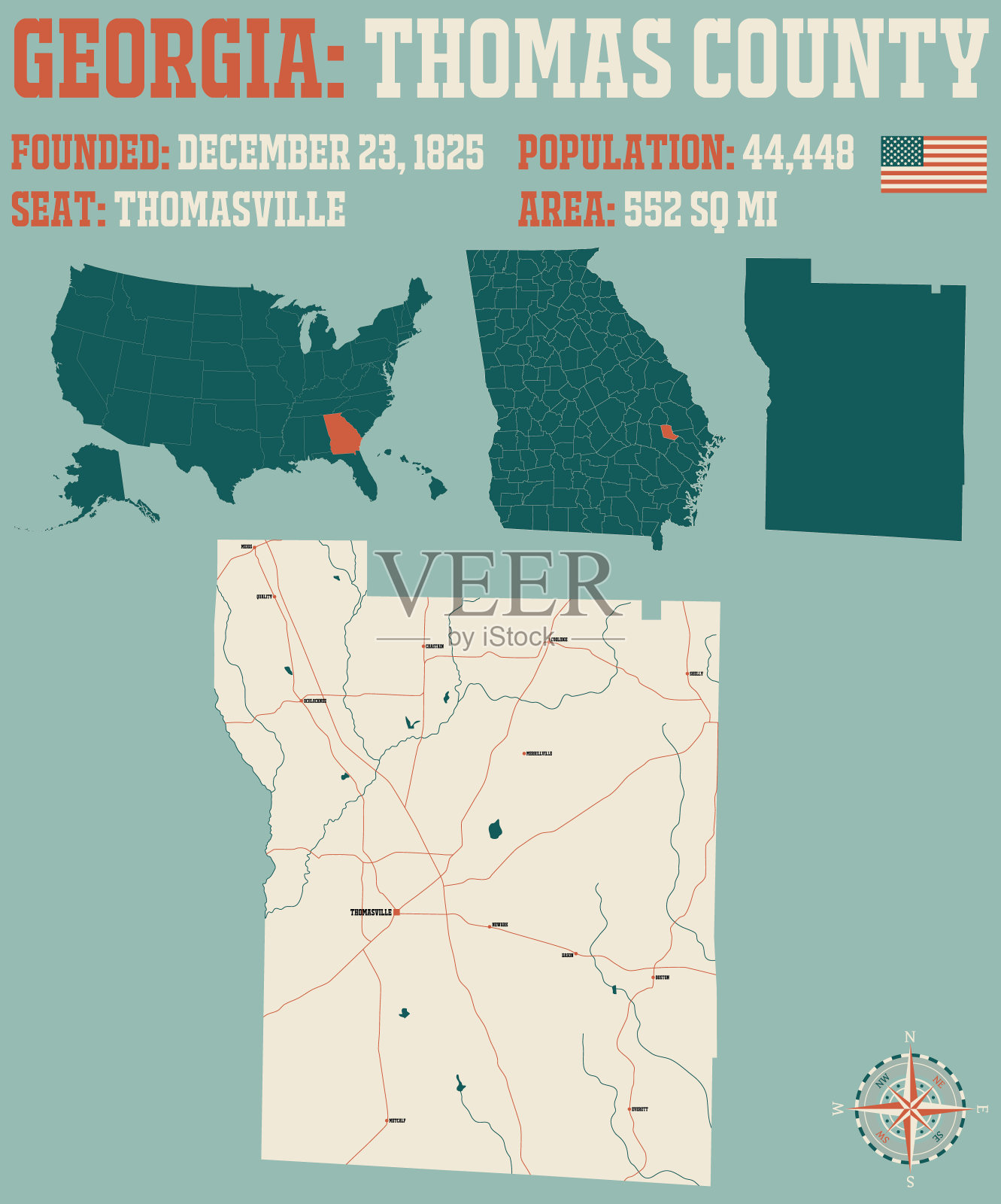 乔治亚州托马斯县的地图插画图片素材