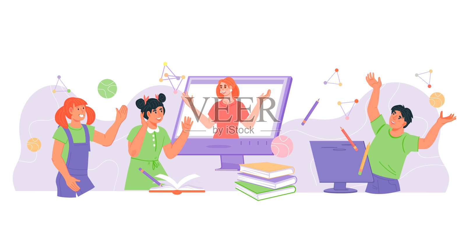 儿童在线远程教育横幅，平面矢量孤立在白色。插画图片素材