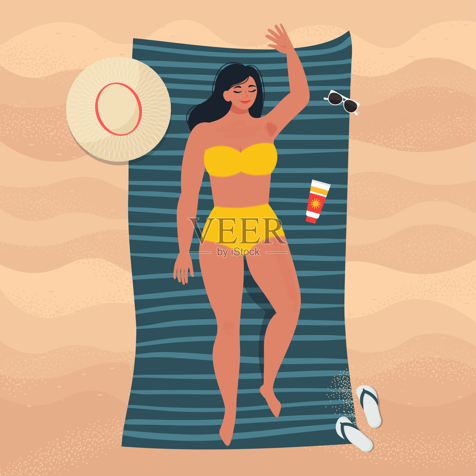 夏天在沙滩上晒太阳的女人。向量孤立的插图插画图片素材