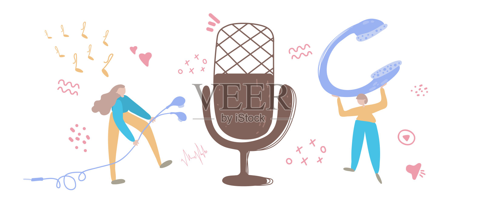 Audiochat概念，播客显示手绘平面矢量插图。戴着耳机和麦克风的卡通人物。网络广播广播，多媒体娱乐抽象概念插画图片素材