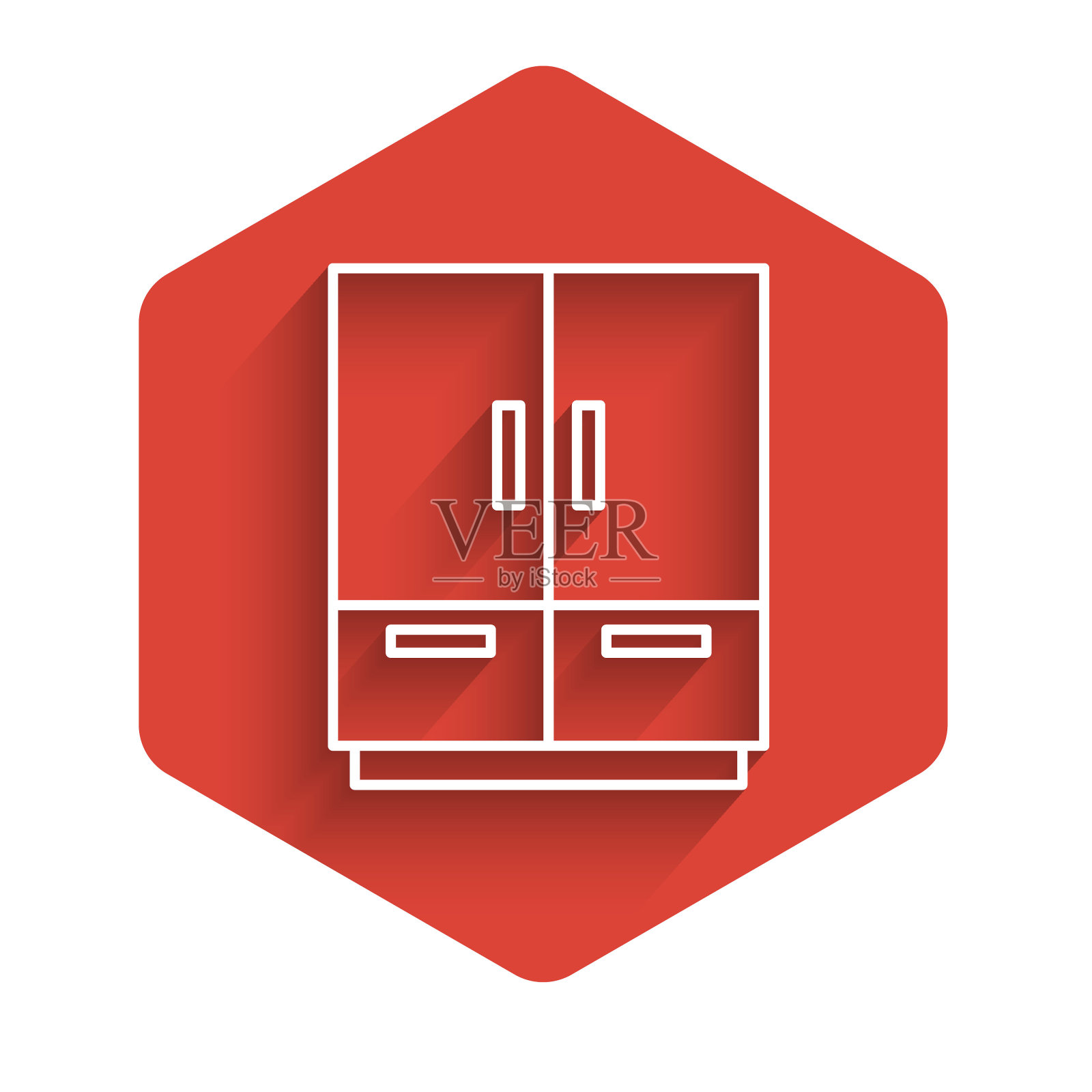 白色线衣橱图标孤立与长阴影。红色的六角按钮。向量插画图片素材