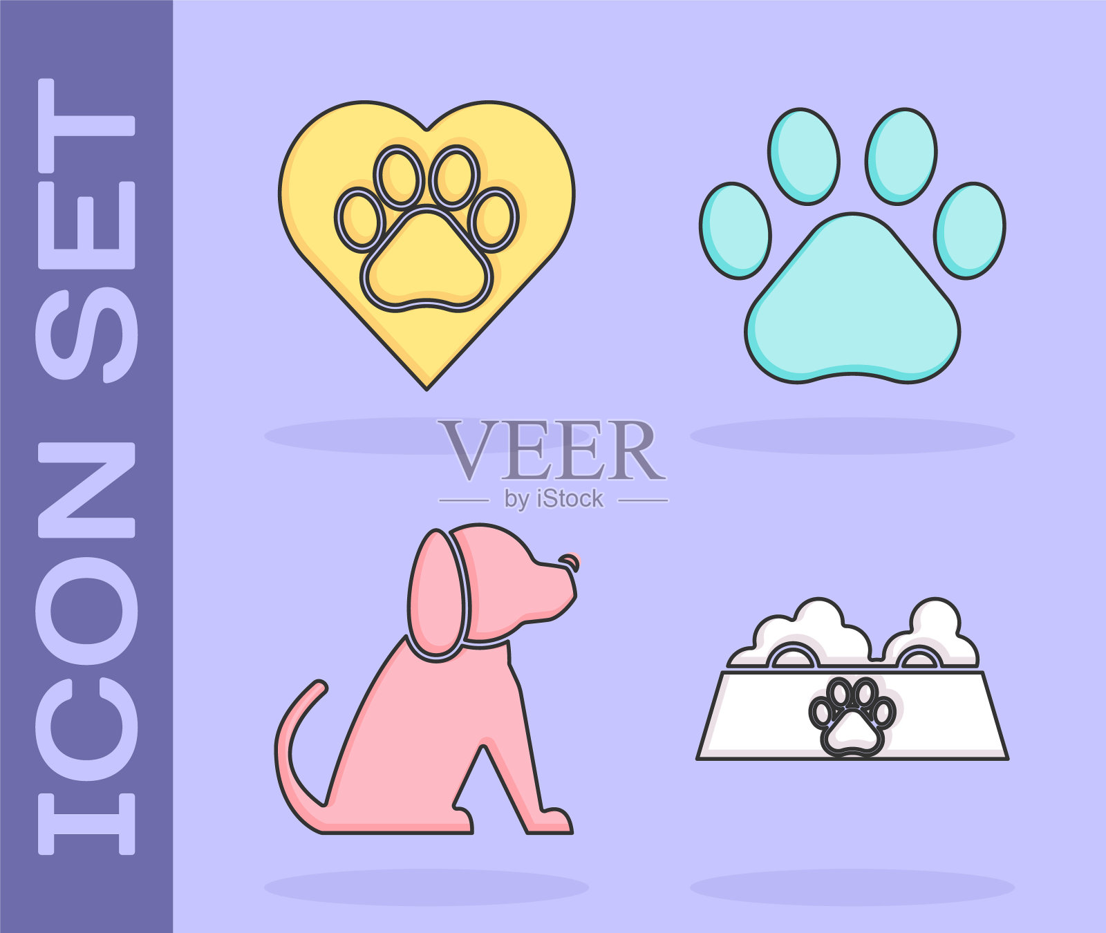 设置宠物食品碗猫或狗，心脏动物脚印，狗和爪印图标。向量图标素材