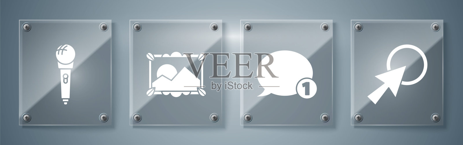 设置箭头光标，语音气泡聊天，图片横向和麦克风。方形玻璃面板。向量插画图片素材