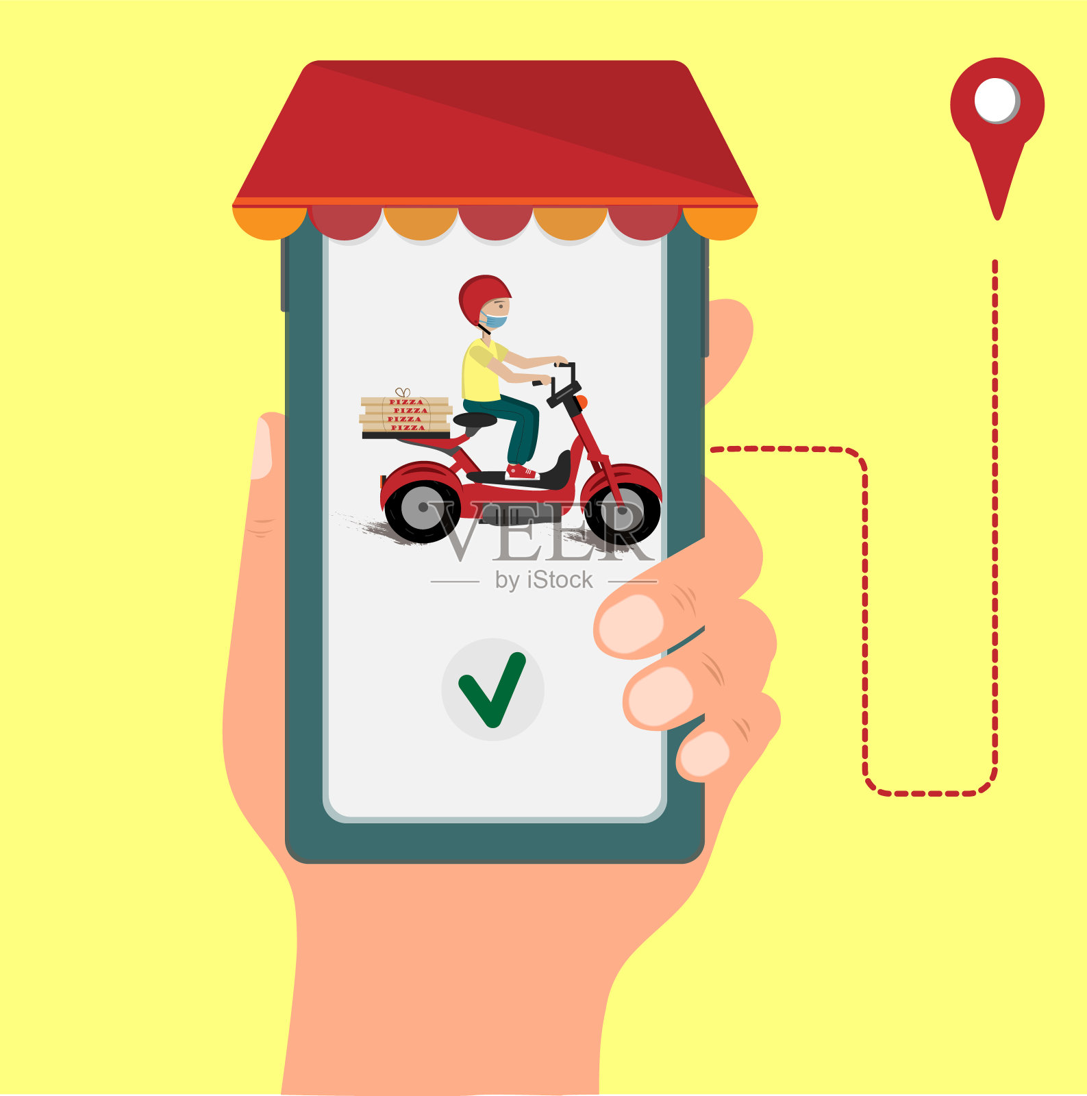 一个手拿手机，一个快递员用自行车手机app为快递服务，网上购物的概念插画图片素材