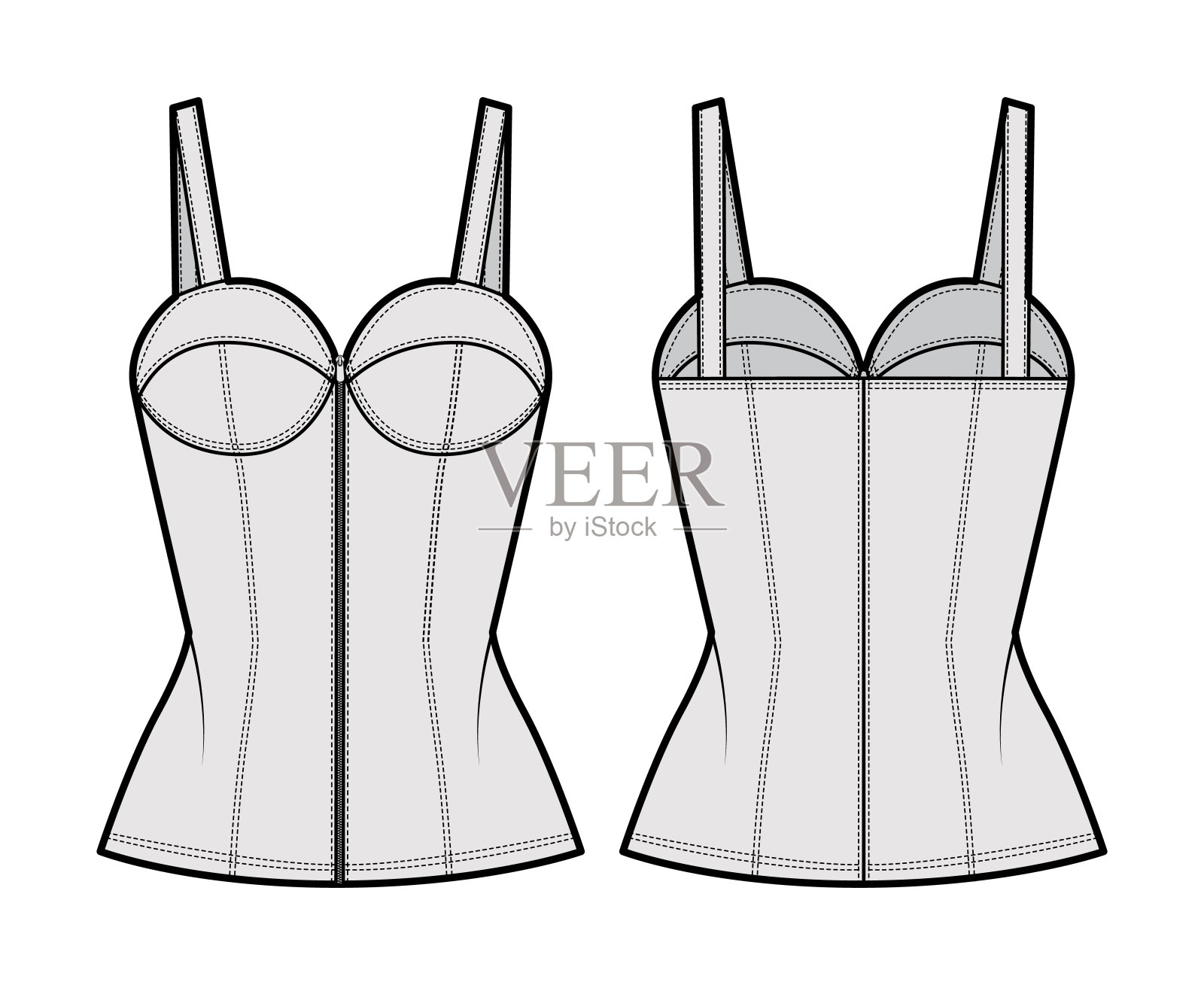 牛仔胸衣上衣胸衣技术时尚插图与胸衣，细带子，拉链关闭，杯子，合身的身体设计元素图片