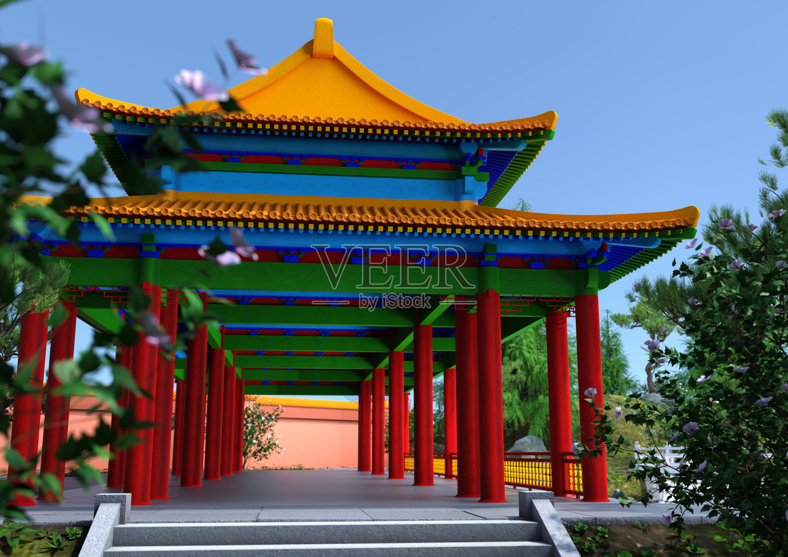 三维插画中式园林插画图片素材