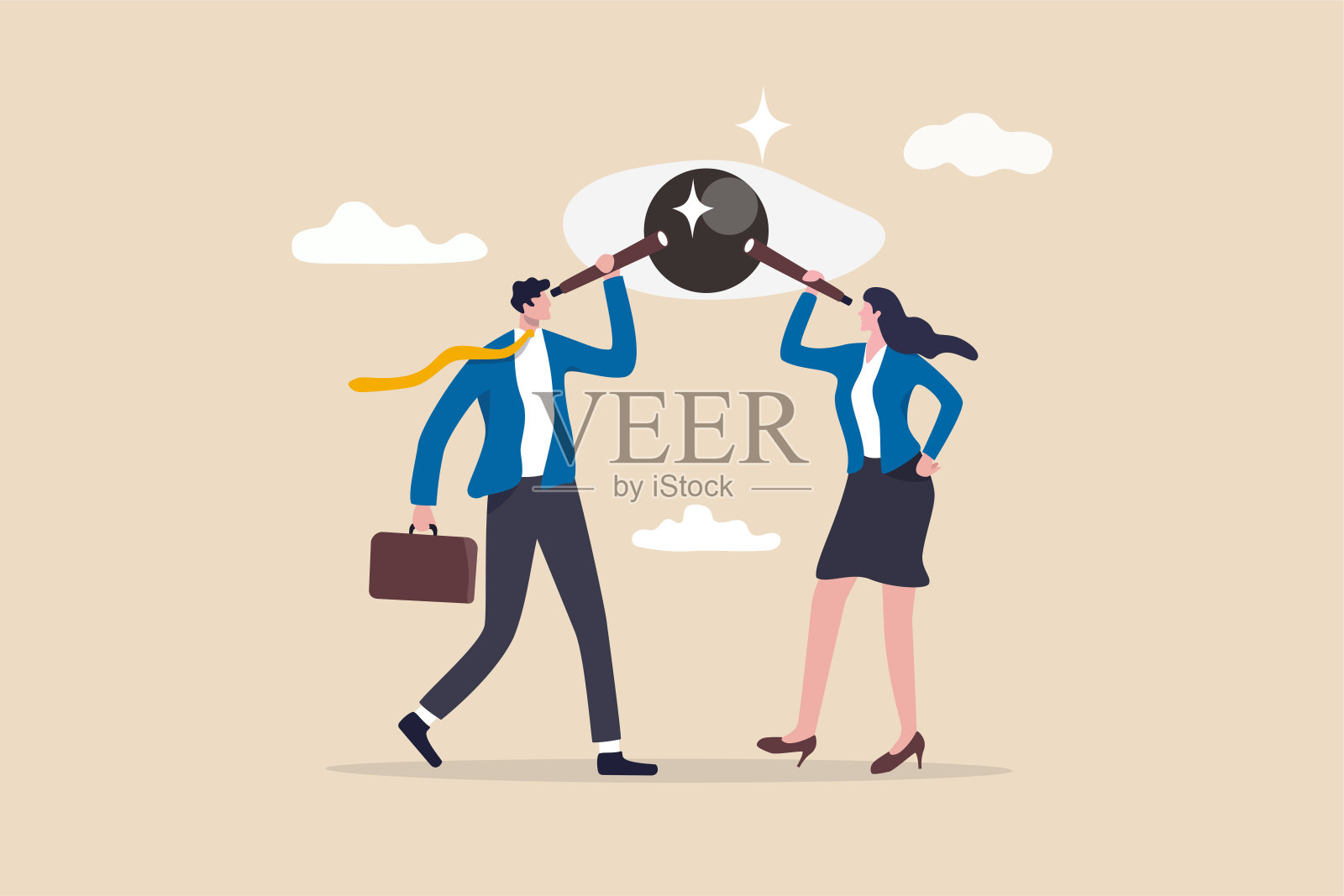 分享相同的商业愿景，团队战略共同实现目标，合作共赢的使命理念，商业人士团队成员用望远镜看向相同的愿景。插画图片素材