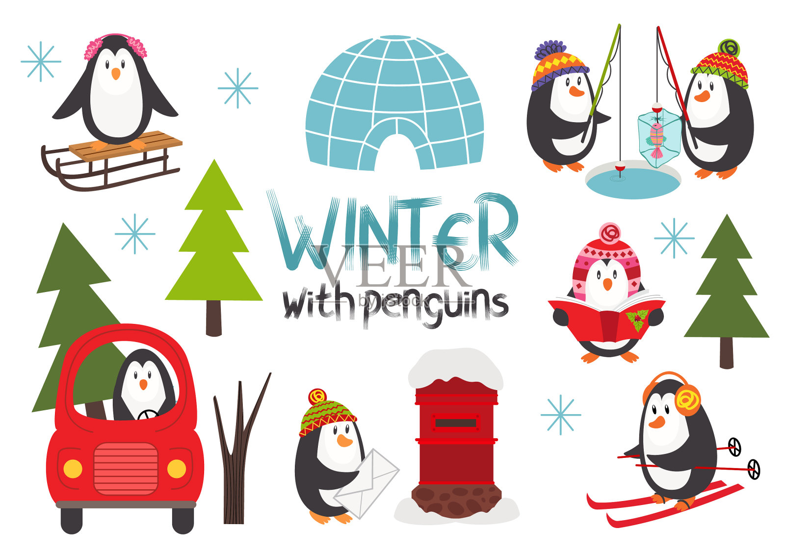 在冬季设置孤立可爱的企鹅第二部分插画图片素材