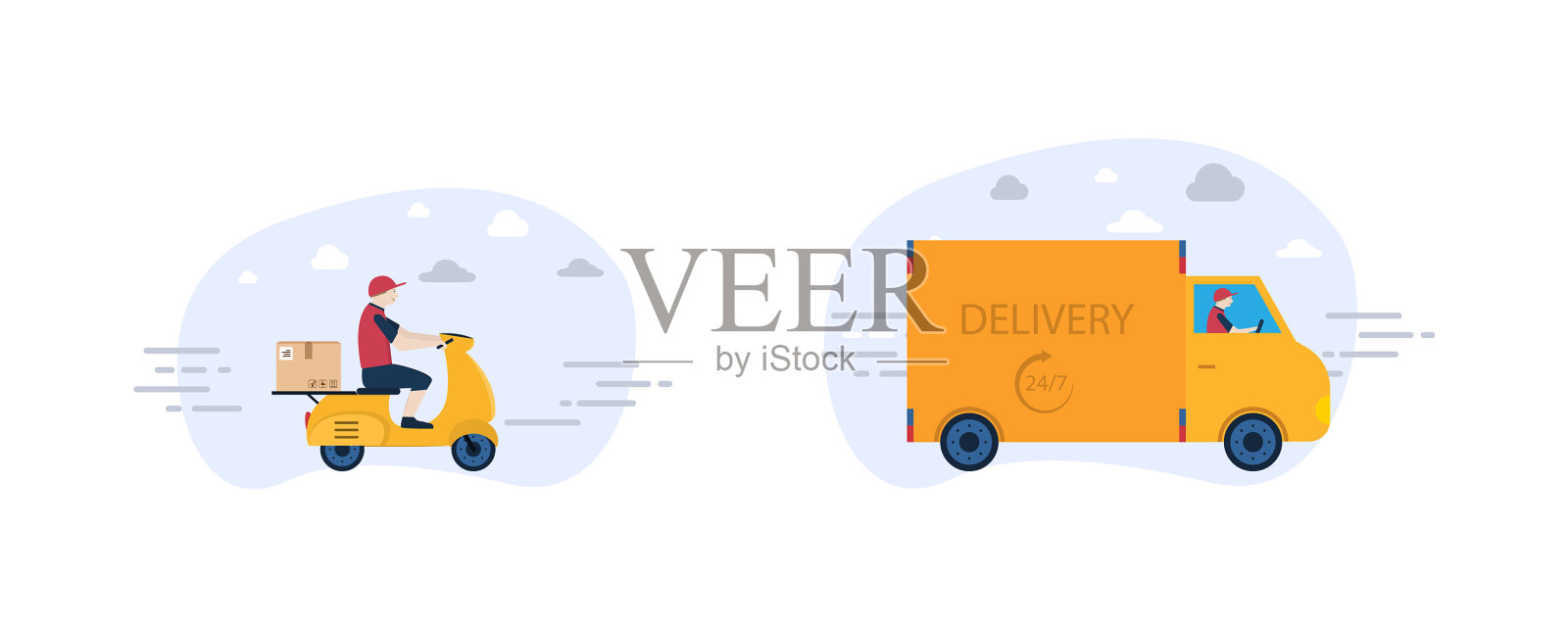 摩托车、卡车在线配送服务插画图片素材