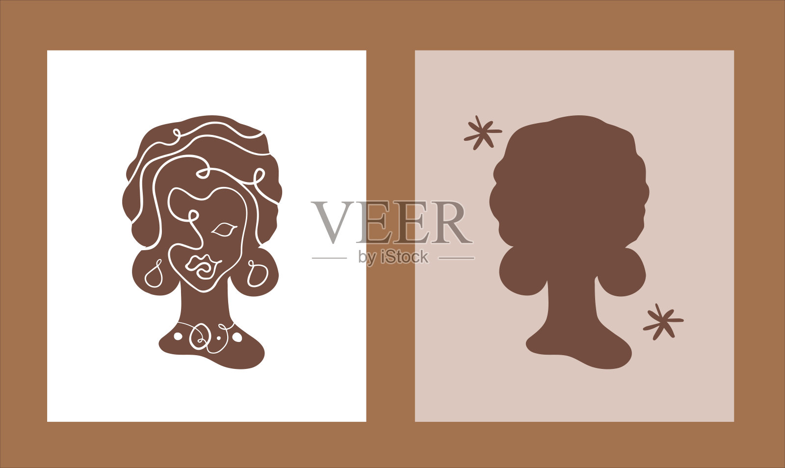 女性曲线孤立的简约风格。非洲模型轮廓图。简单时尚的非洲海报。手画的不同的平等的脸。民族团结面带宽容。美向量。轮廓模型。插画图片素材