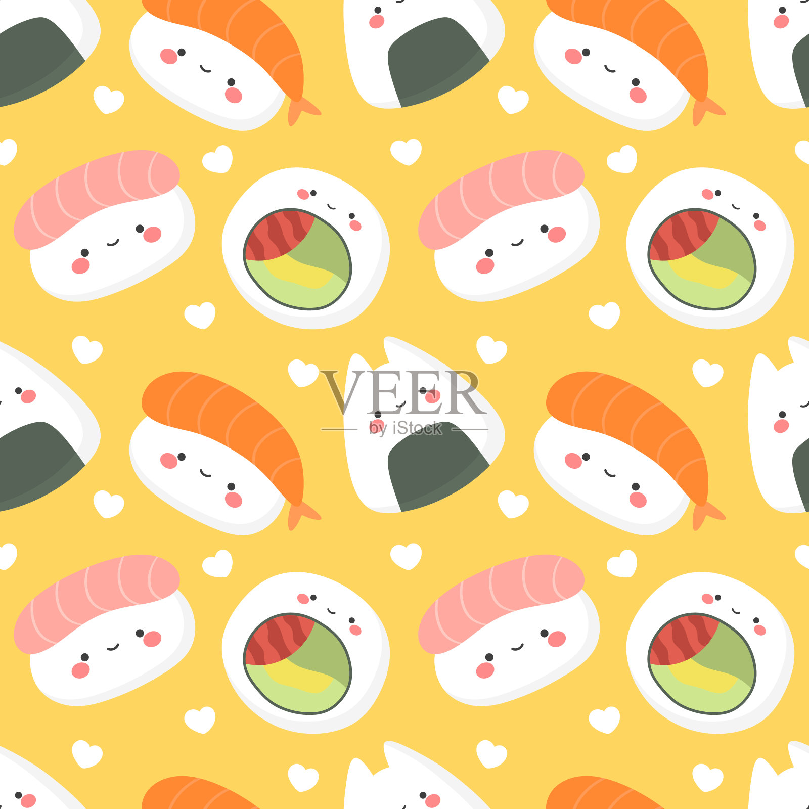 寿司无缝模式，可爱和卡哇伊寿司人物插图插画图片素材