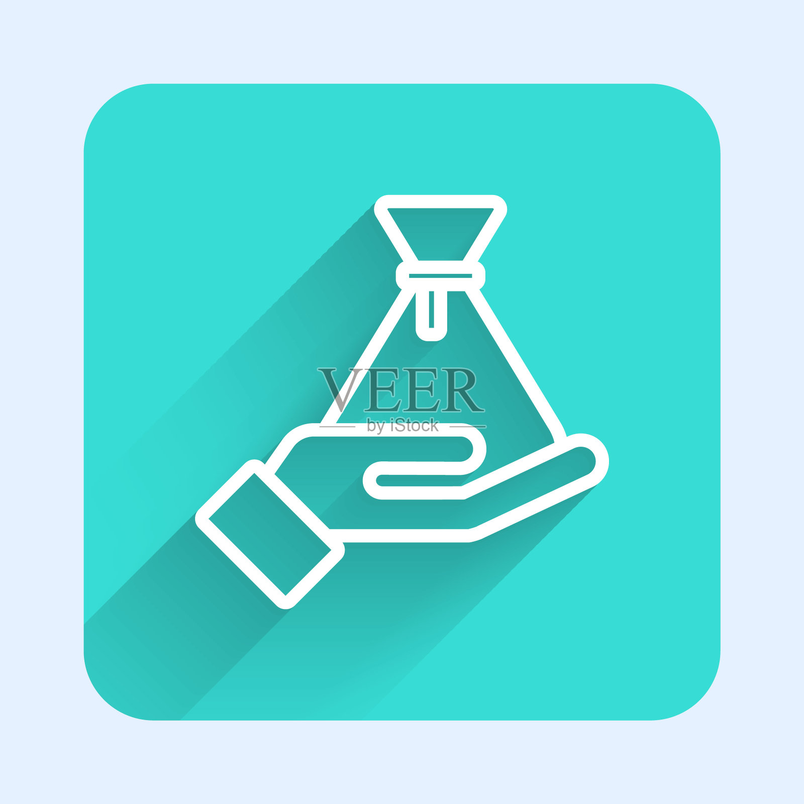 白线贿赂钱袋图标孤立与长影子。比尔的货币。绿色广场按钮。向量插画图片素材