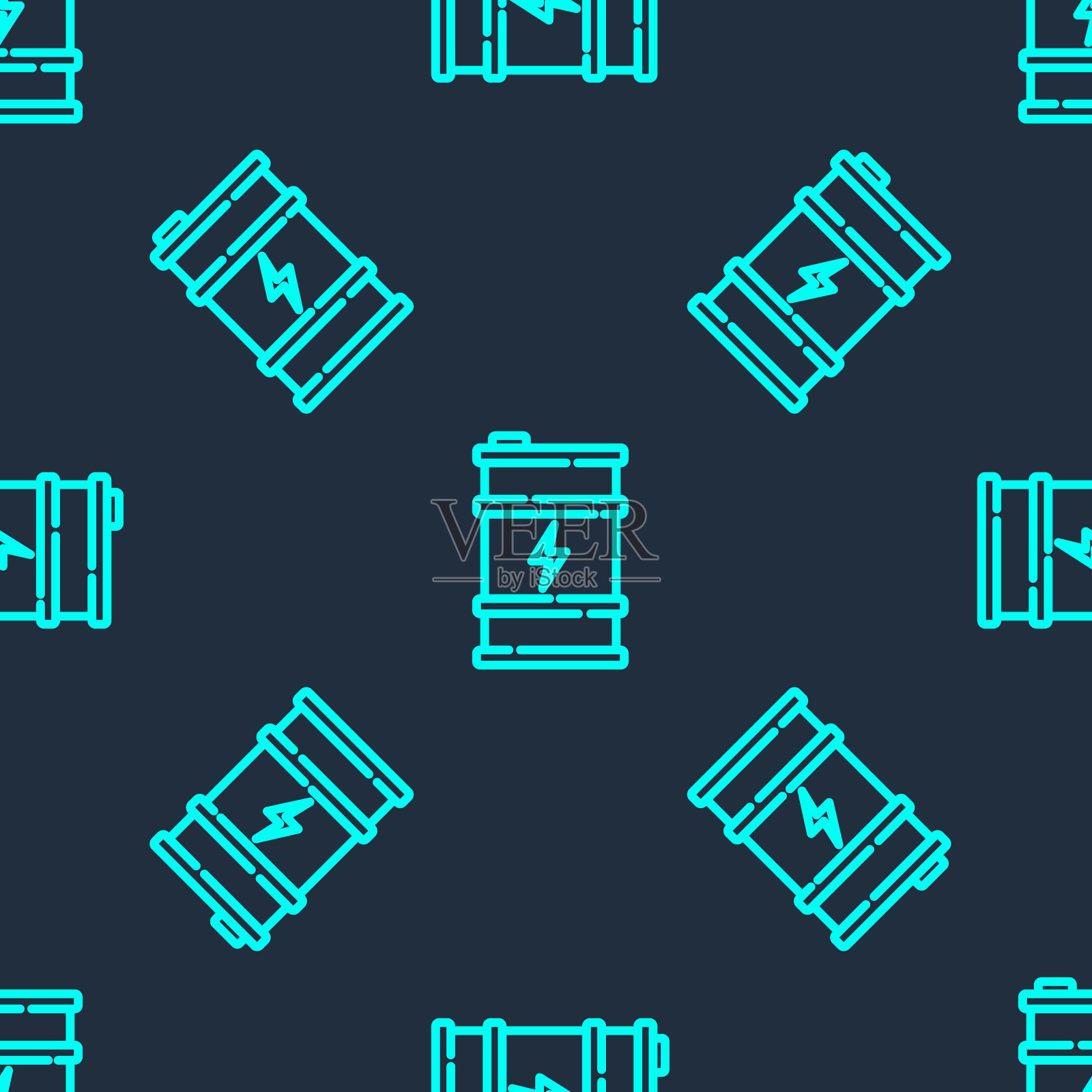 绿色线生物燃料桶图标隔离无缝模式在蓝色背景。生态生物和罐。绿色环境，循环利用。向量插画图片素材