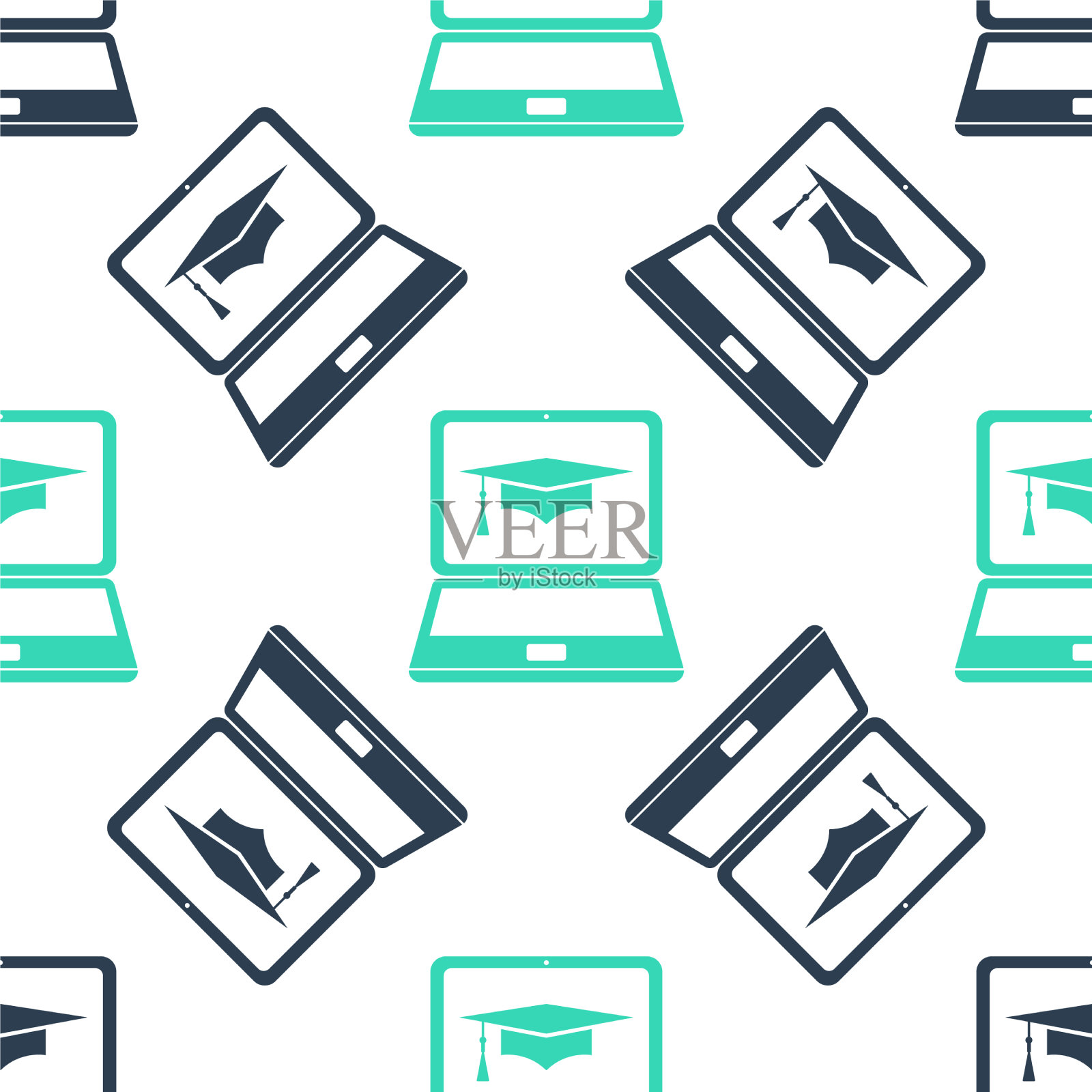 绿色毕业帽和笔记本电脑图标在线插画图片素材