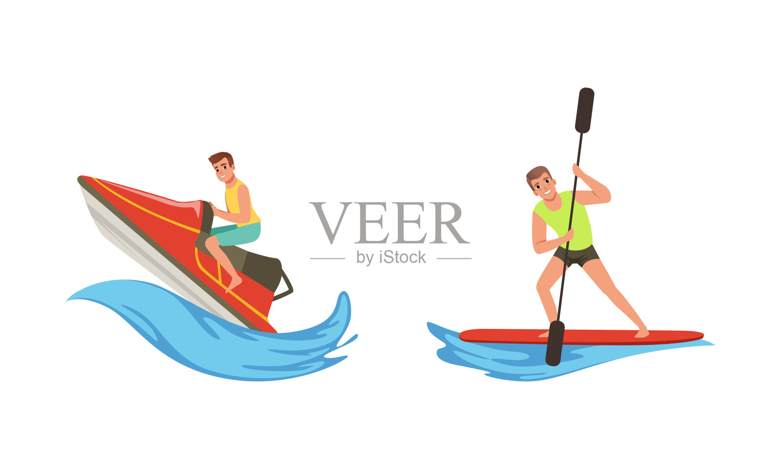 水上运动套装，年轻男子骑水上自行车和桨板卡通矢量插图插画图片素材