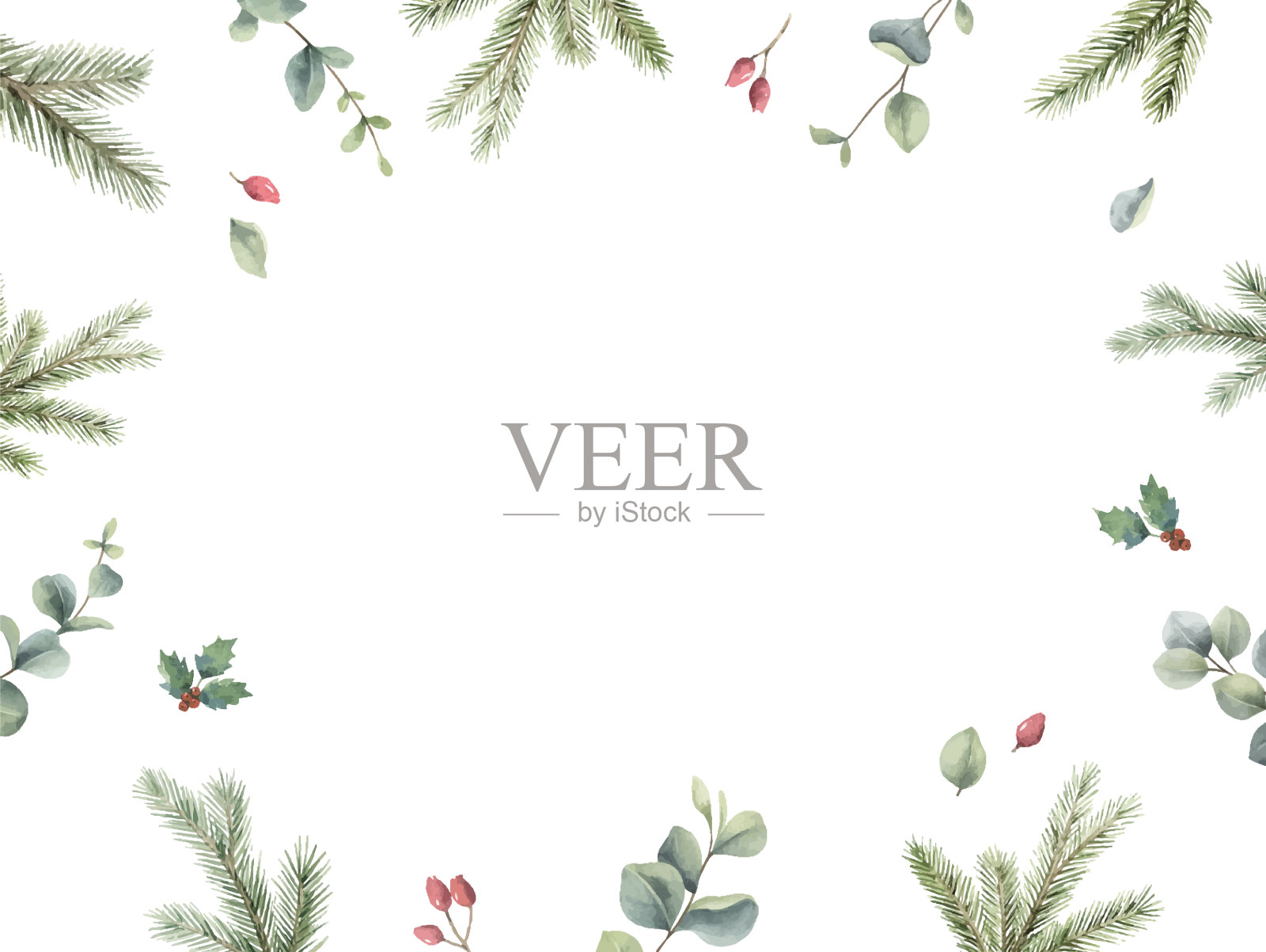 水彩圣诞卡与冷杉树枝插画图片素材