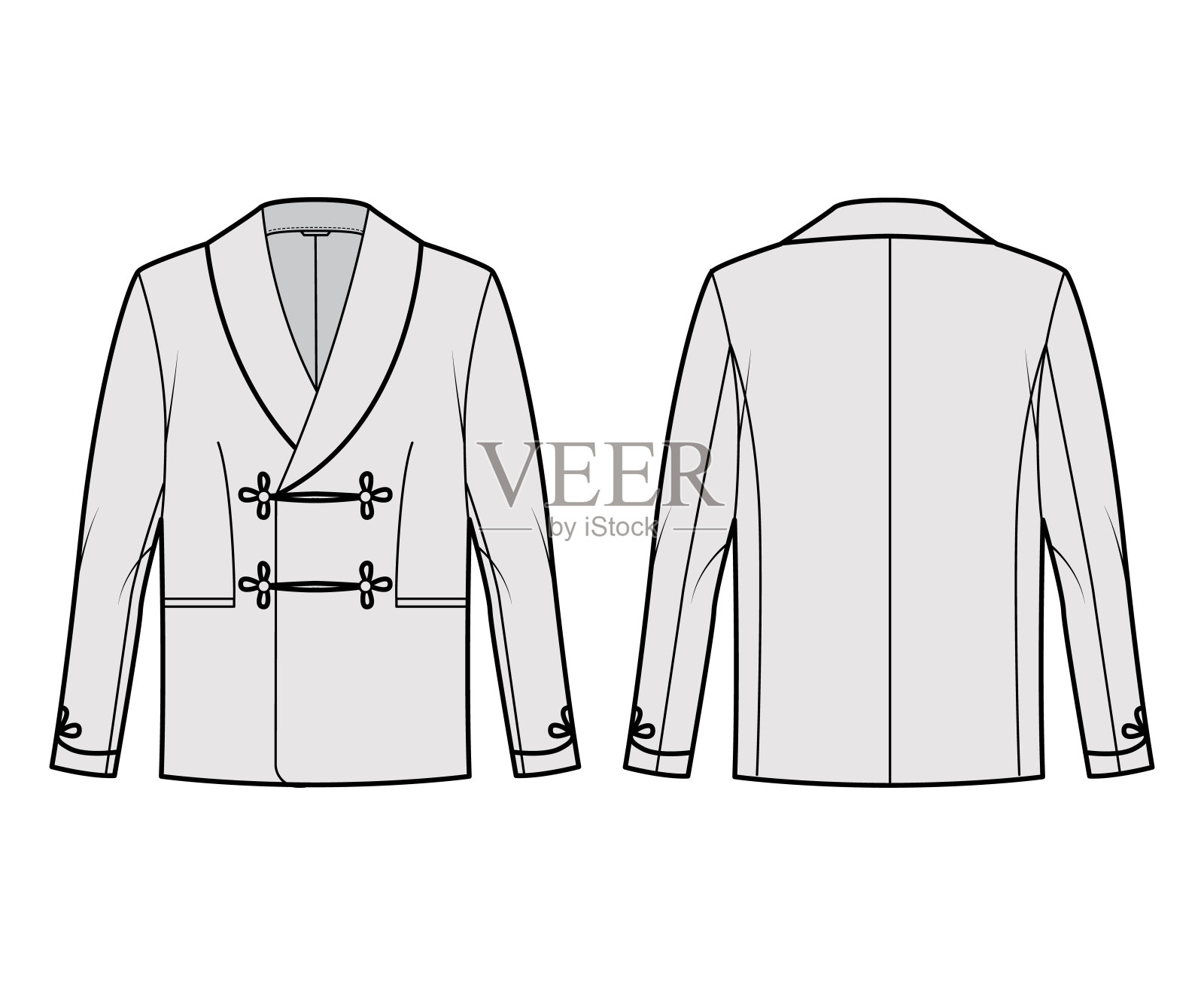 双排扣，长袖，披肩领，束腰口袋的吸烟夹克技术时尚插图。平插画图片素材