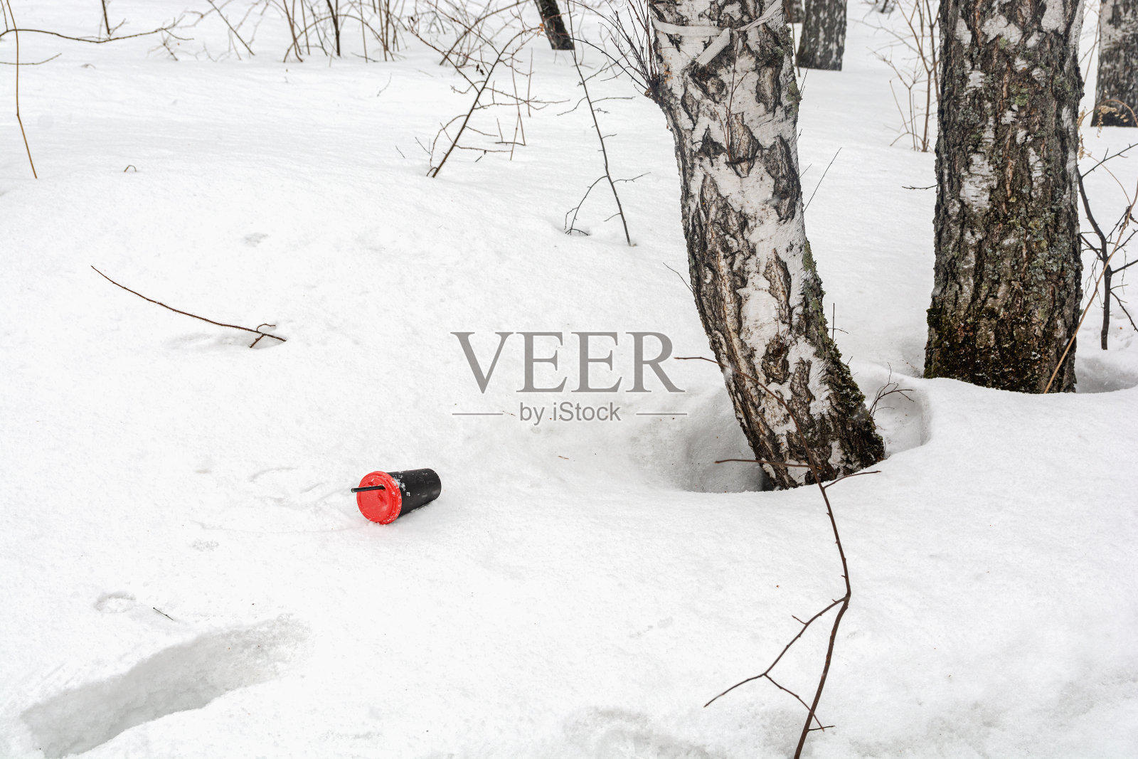 公园里的雪地上放着一个红盖子的黑咖啡杯。生活垃圾对环境的污染照片摄影图片