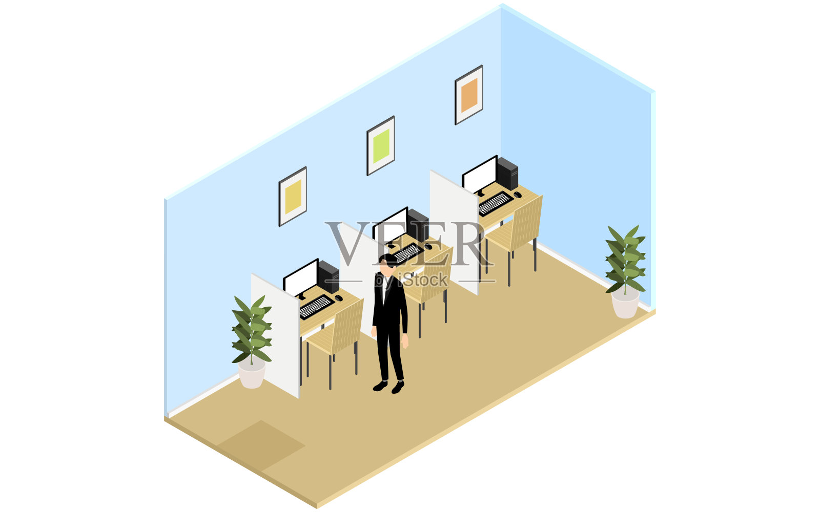 出租办公室，有隔断，等距插画图片素材