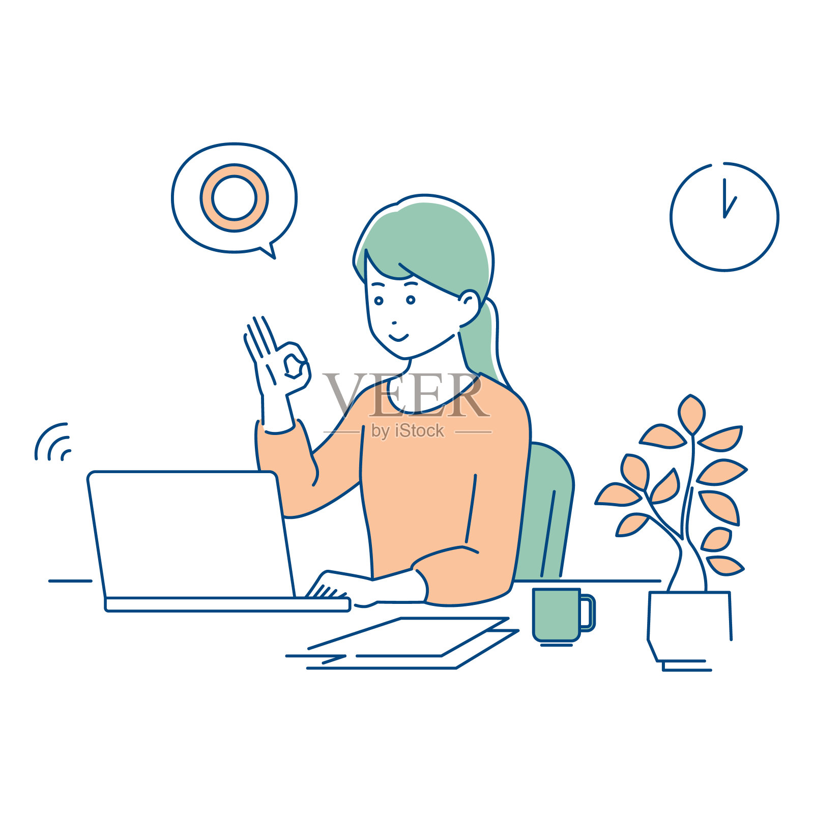 远程工作/做手势的女人/ 3种颜色插画图片素材