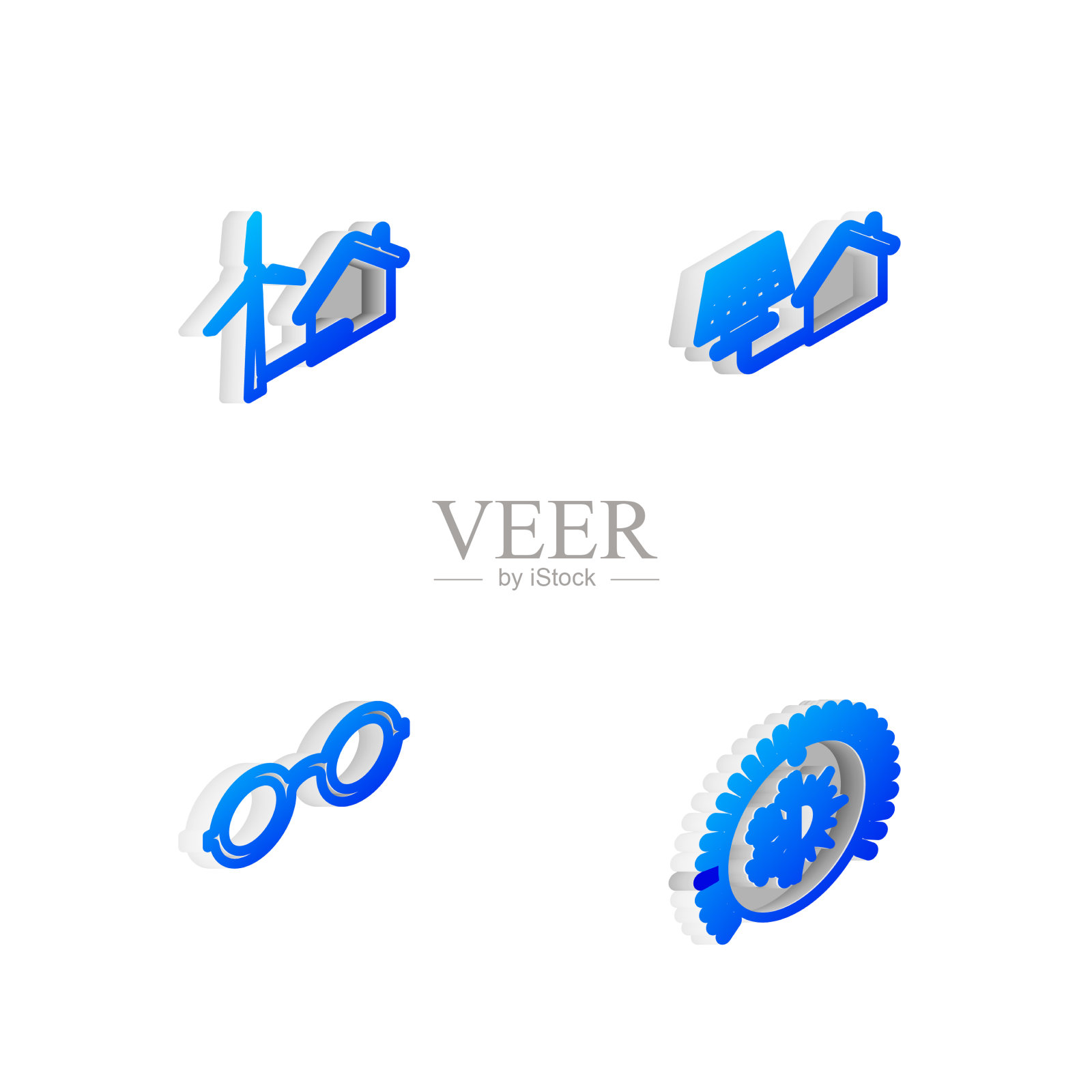 设置等距线房屋与太阳能电池板风图标素材