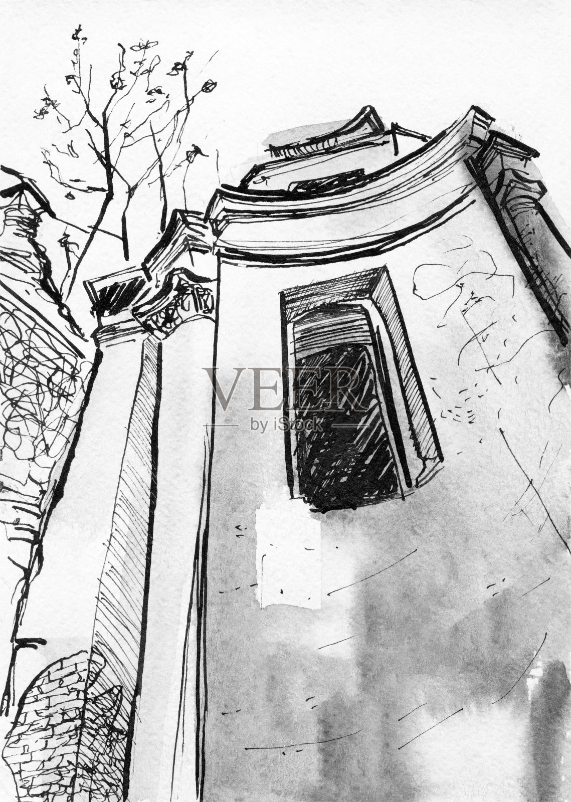 旧城水彩水墨插画。老房子墙壁手绘墨水图形。插画图片素材