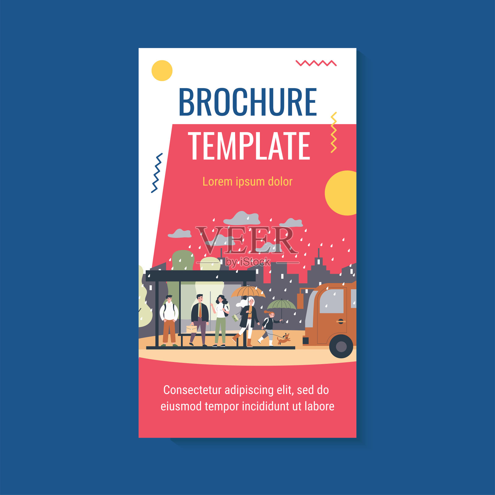 人们在雨天在公共汽车站等公共汽车设计模板素材