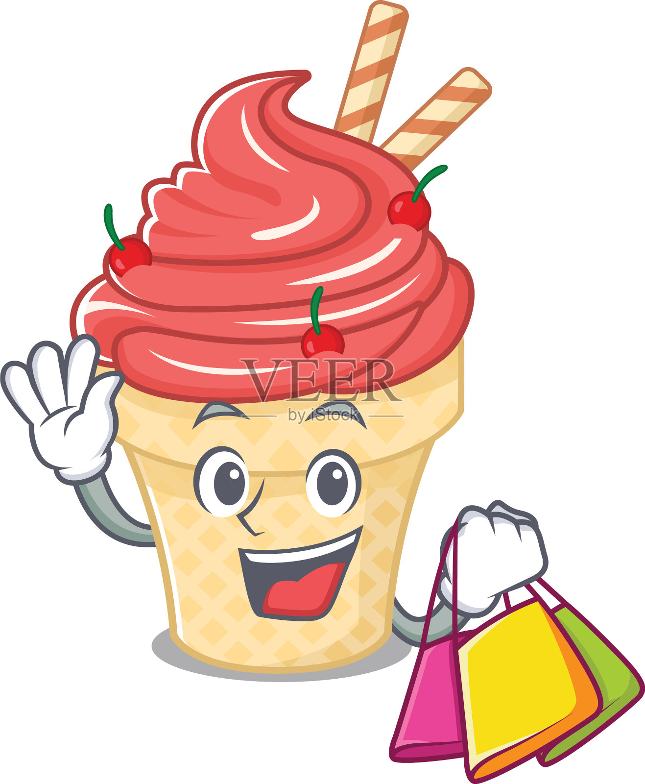 喜庆丰富的樱桃冰淇淋吉祥物设计舞动设计元素图片