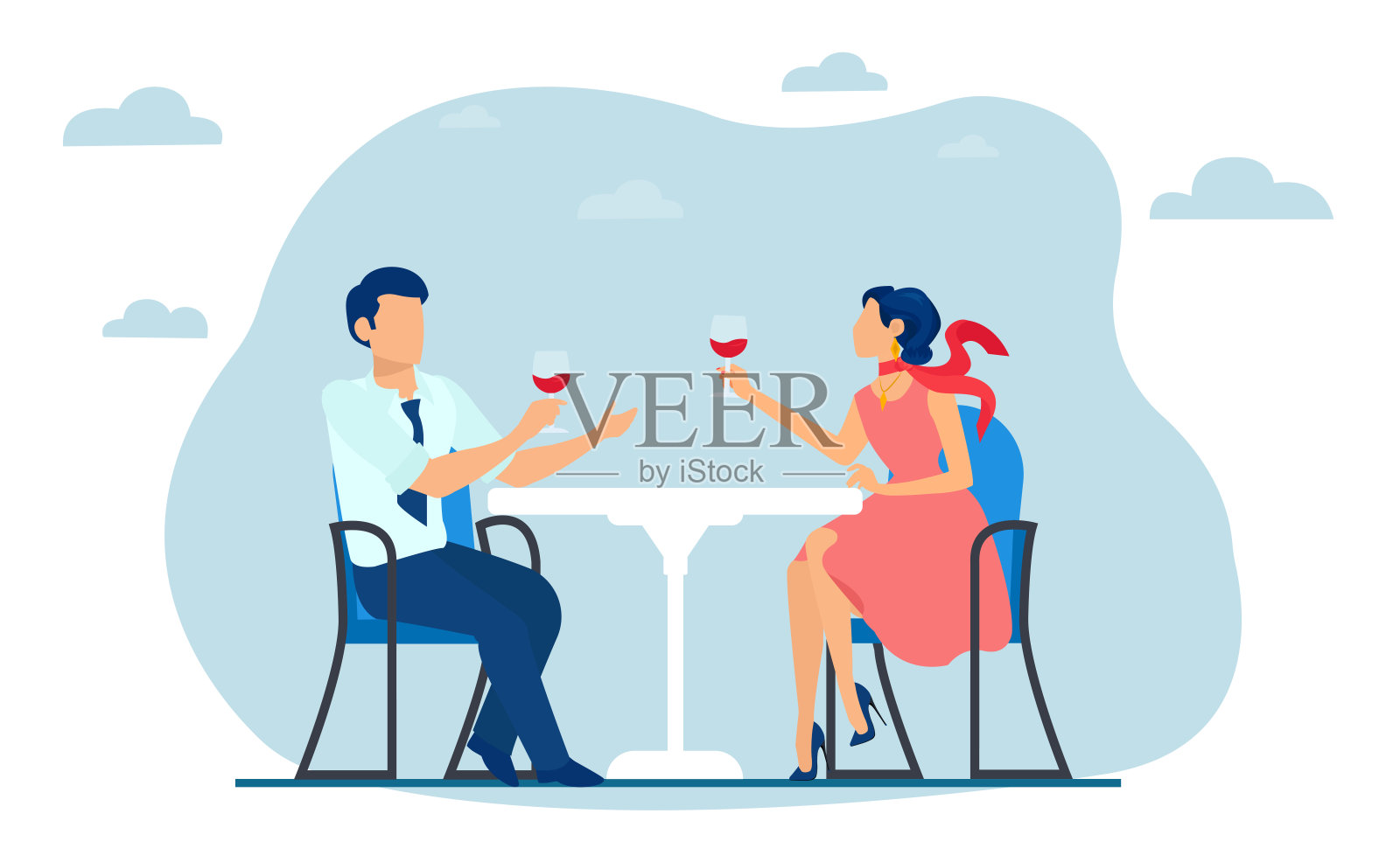 矢量的一个男人和女人坐在它的餐厅阳台上喝葡萄酒。插画图片素材