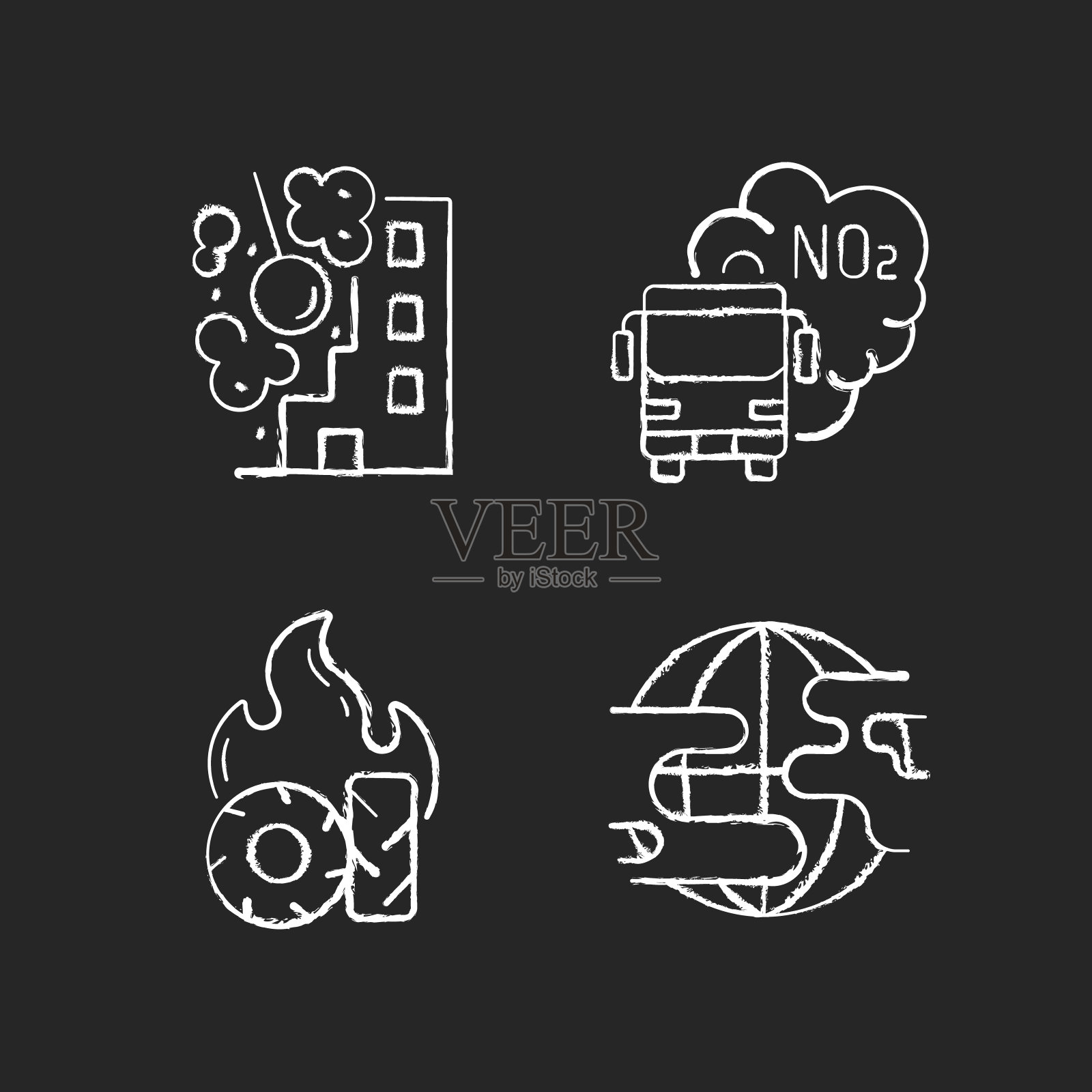 空气污染粉笔白色图标设置在黑色背景图标素材