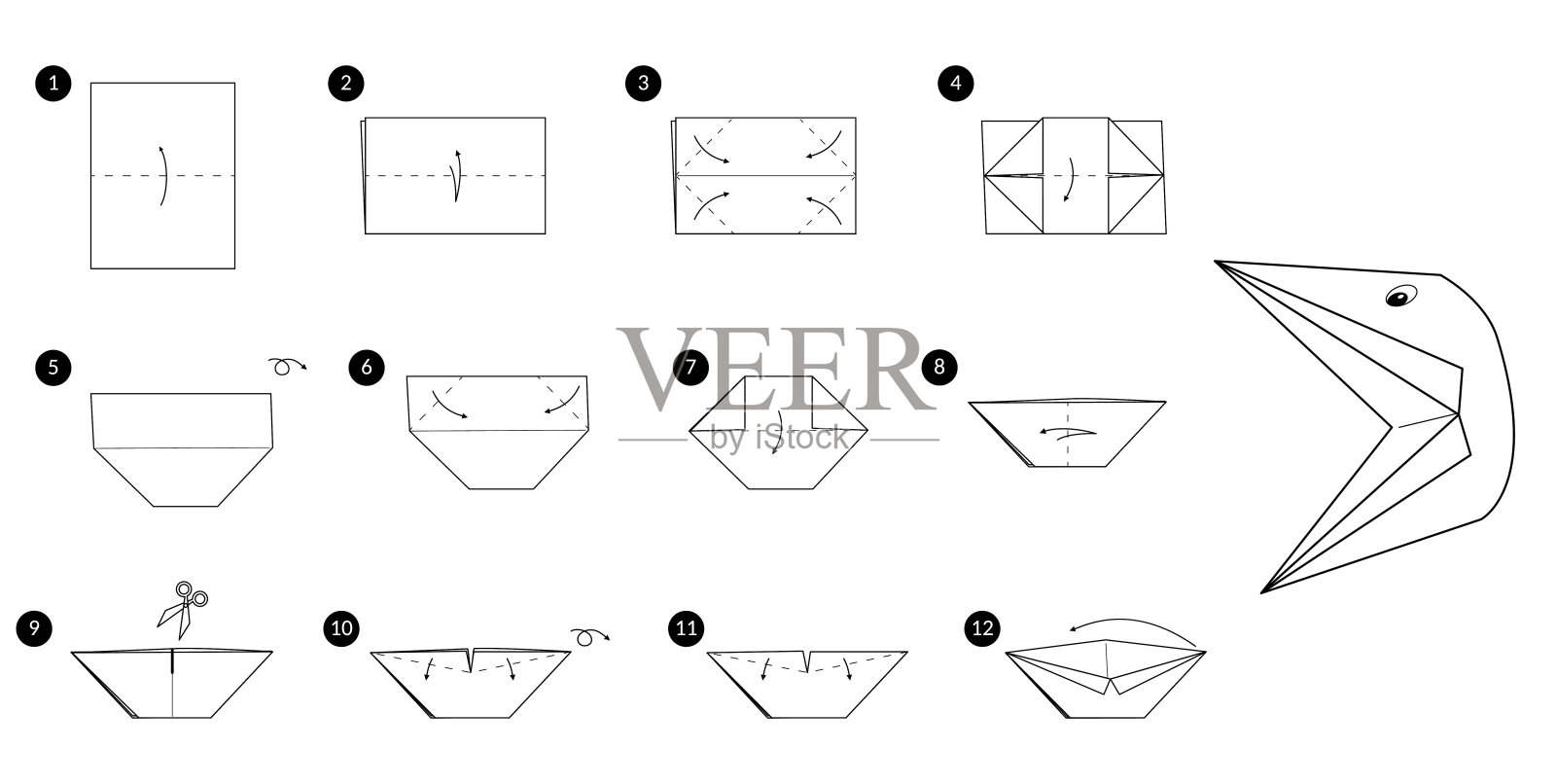 乌鸦头折纸线单色指令插画图片素材