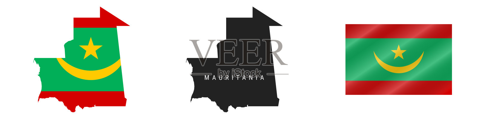 毛里塔尼亚。详细的地图。详细的轮廓。挥舞着国旗。矢量图插画图片素材