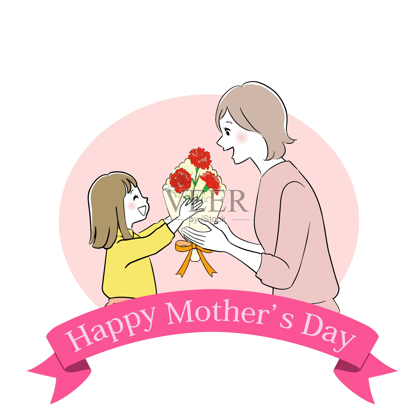 一个女孩正在给妈妈送花。母亲节插图。插画图片素材