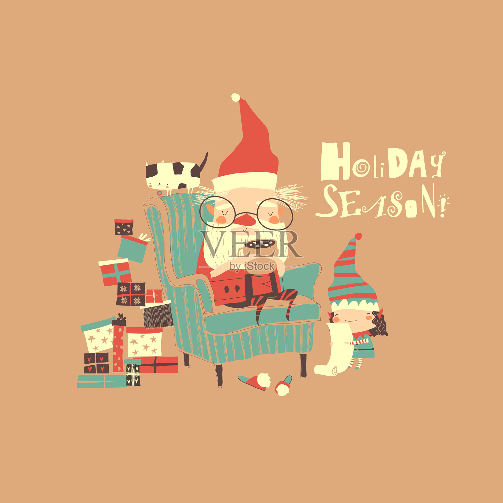 有趣的卡通圣诞老人和小助手插画图片素材