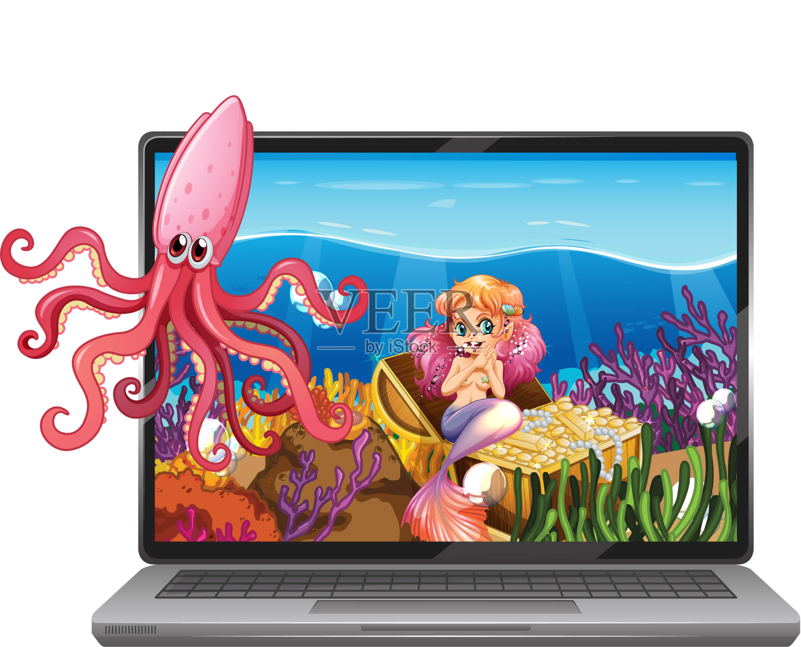 屏幕上有水下场景的笔记本电脑设计元素图片