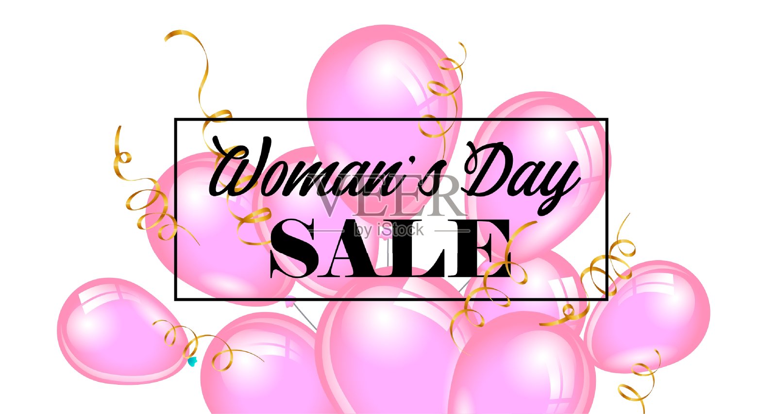 妇女节海报设计。粉色气球在现实主义风格与金色丝带隔离。设计元素图片