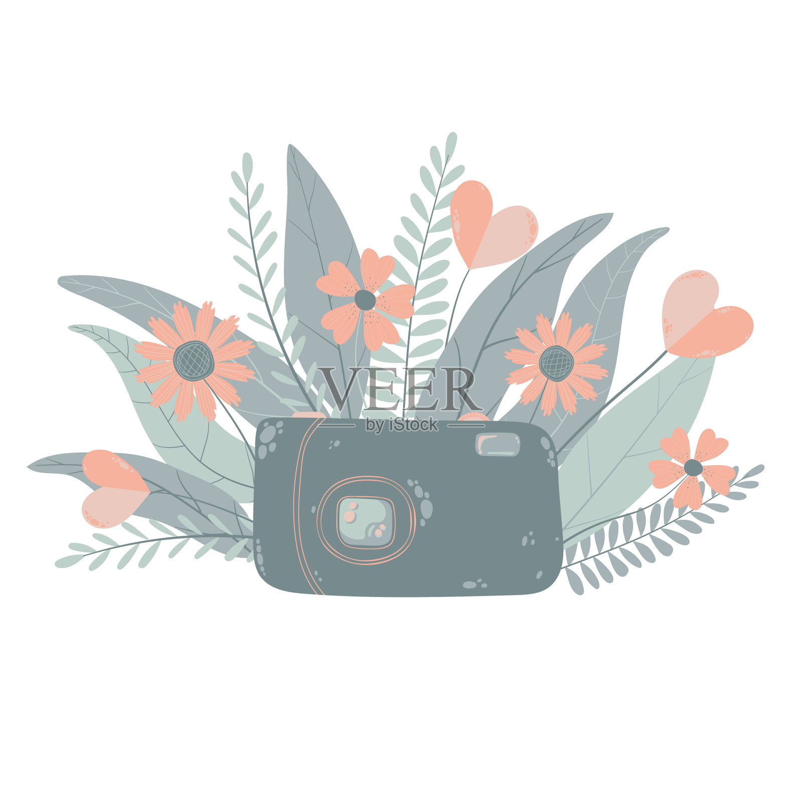 可爱的彩色数码相机与鲜花在平面卡通风格。矢量手绘紧凑型相机与彩色粉彩花卉插图。孤立在白色背景上。设计元素图片