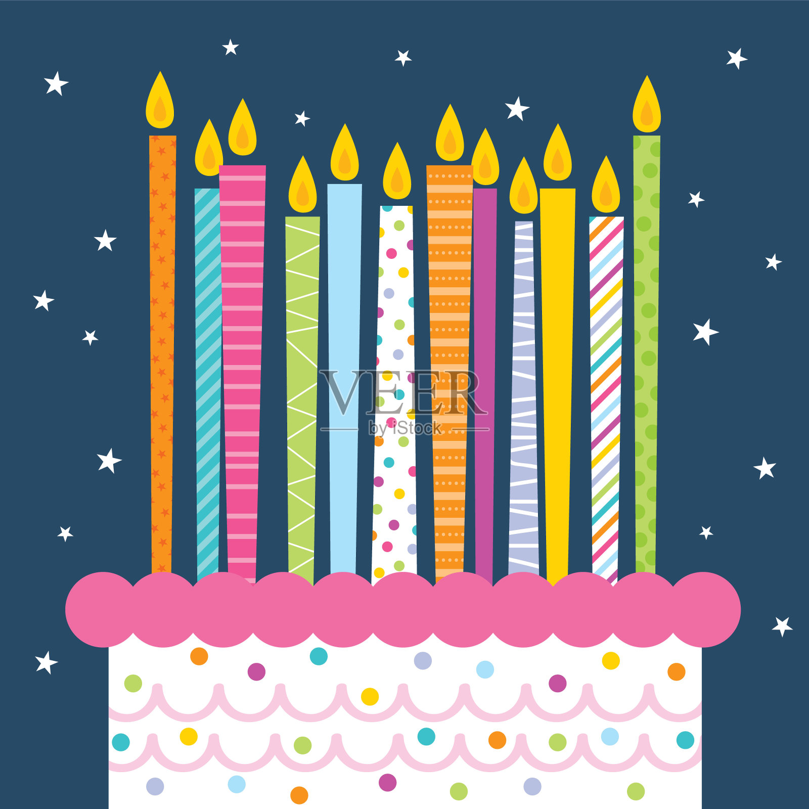 五彩缤纷的生日蜡烛配上可爱的生日蛋糕设计插画图片素材