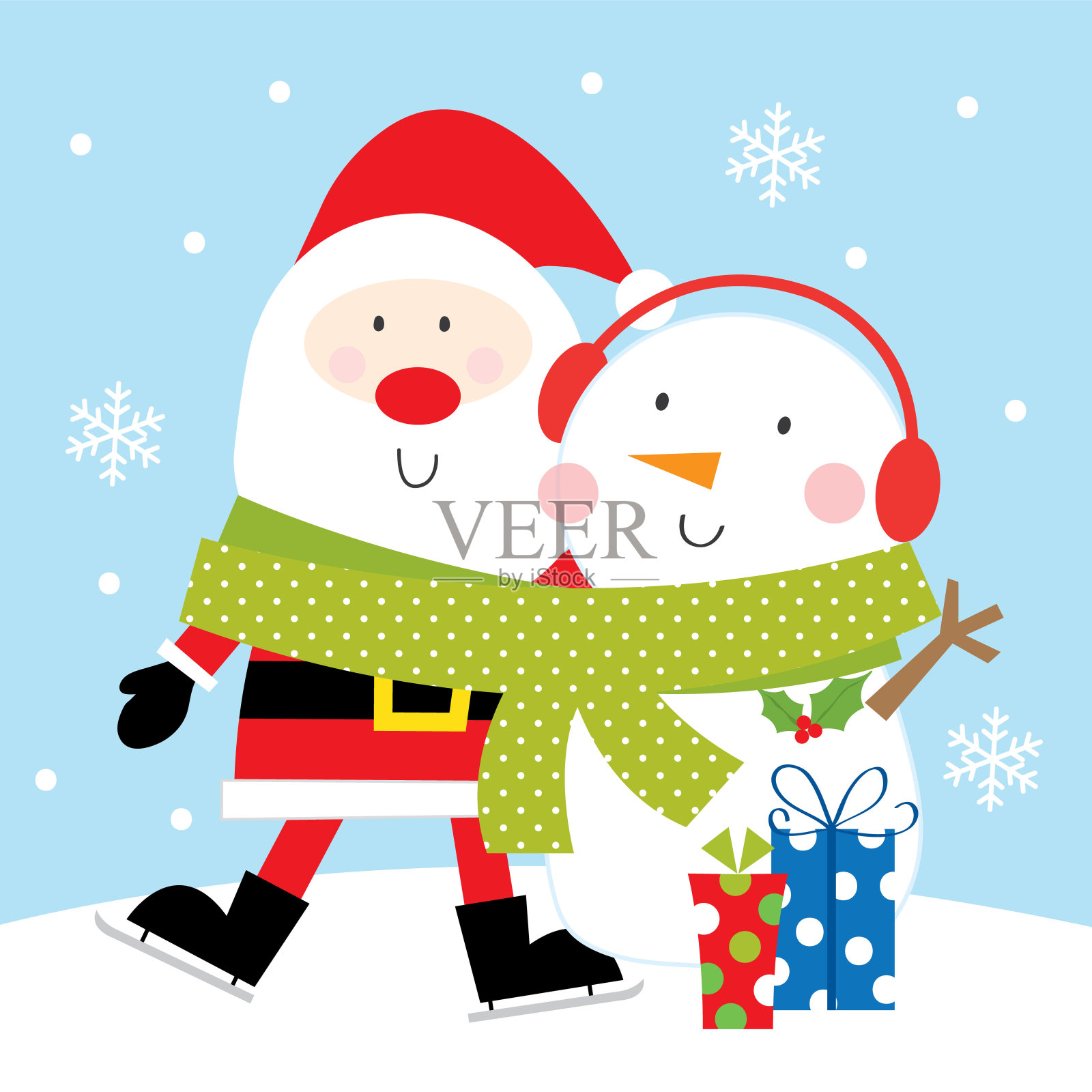 圣诞老人和雪人圣诞贺卡快乐插画图片素材