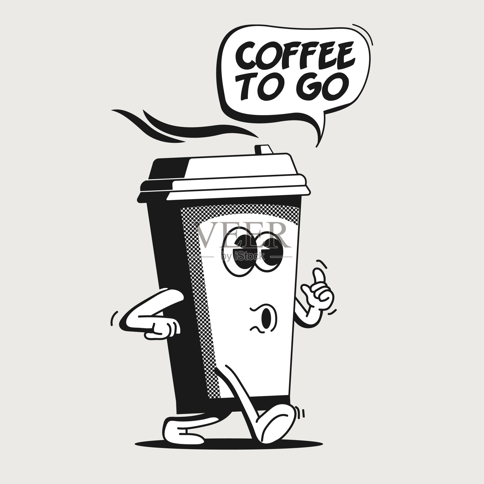 咖啡去或带走的概念与复古行走卡通纸咖啡杯人物孤立在白色背景的咖啡店或咖啡馆。矢量图插画图片素材