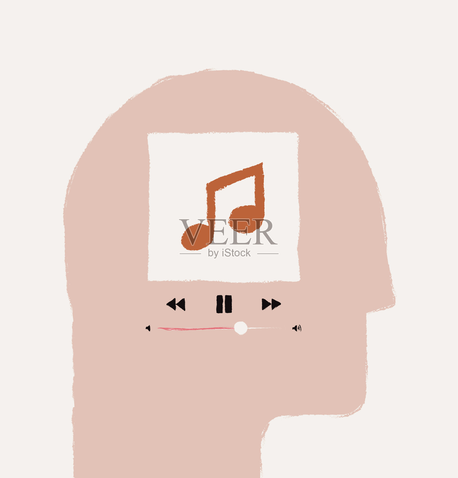 音乐或播客听或音乐在头的概念与手绘极简的人的头部剪影与音乐播放器界面内部孤立的光背景。矢量图插画图片素材